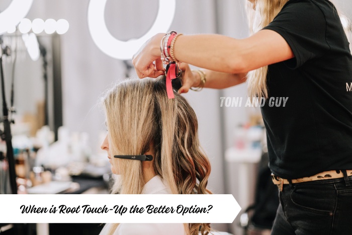 A stylist performing a root touch-up hair colouring session at TONI & GUY Coimbatore