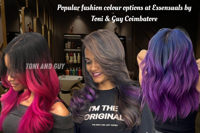 Popular fashion hair colour options at Essensuals by Toni & Guy Coimbatore, featuring vibrant pink, purple, and blue shades
