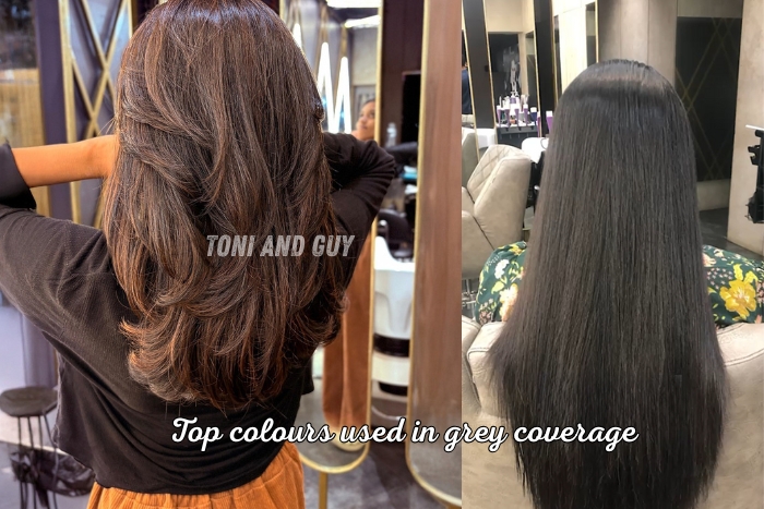 Side-by-side comparison of rich brown and deep black hair colours used for grey coverage at Toni & Guy Coimbatore